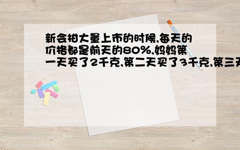 新会柑大量上市的时候,每天的价格都是前天的80％,妈妈第一天买了2千克,第二天买了3千克,第三天买了15千克,共花去28元.如果这些新会柑都在第三天买,能少花多少元?