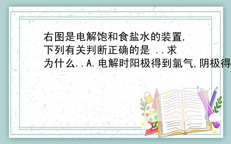 右图是电解饱和食盐水的装置,下列有关判断正确的是 ..求为什么..A.电解时阳极得到氯气,阴极得到金属钠B.若在阴极附近的溶液中滴入酚酞试液,溶液显无色C.若在阳极附近的溶液中,滴入KI溶