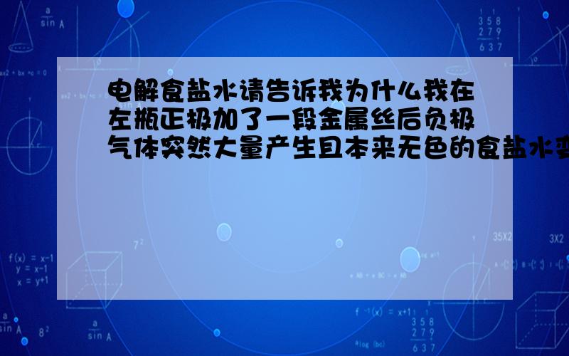 电解食盐水请告诉我为什么我在左瓶正极加了一段金属丝后负极气体突然大量产生且本来无色的食盐水变成这样?且负极上端（右）有许多杂质,左端金属丝出现熔断（左瓶的气体是失误放进