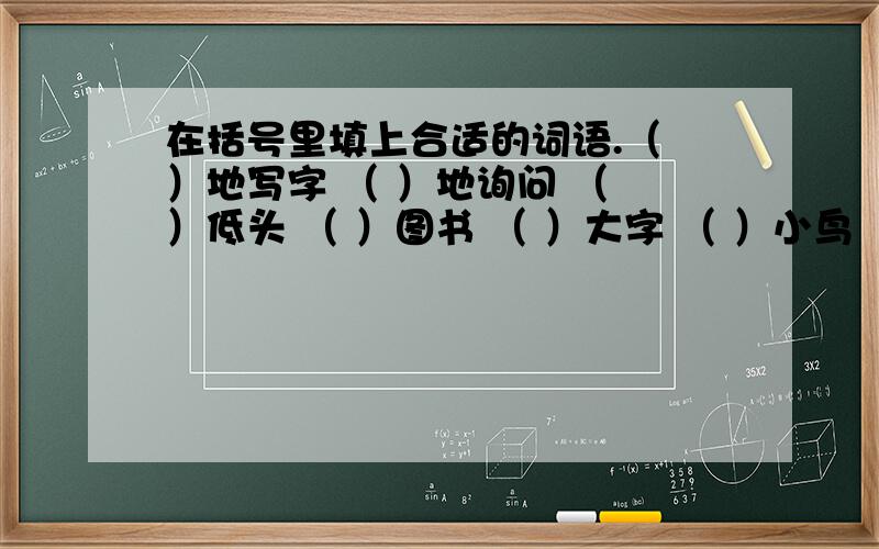 在括号里填上合适的词语.（ ）地写字 （ ）地询问 （ ）低头 （ ）图书 （ ）大字 （ ）小鸟 （ ）石块