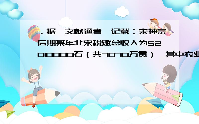 ．据《文献通考》记载：宋神宗后期某年北宋税赋总收入为52010000石（共7070万贯）,其中农业的两税占30％,工商税占70％.以下说法不能反映该数据的是 （ ）A．民营手工业进一步发展B．王安