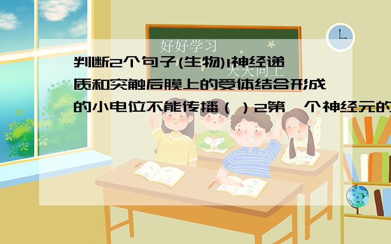 判断2个句子(生物)1神经递质和突触后膜上的受体结合形成的小电位不能传播（）2第一个神经元的轴突末梢只能将兴奋传递给下一个神经元的树突或胞体（）