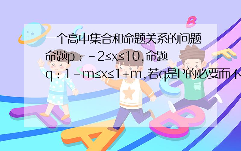 一个高中集合和命题关系的问题命题p：-2≤x≤10,命题q：1-m≤x≤1+m,若q是P的必要而不充分条件,则m的取值范围为：m≥9.必要而不充分不是q是p的真子集吗?为什么这题成了p是q的真子集了?是我