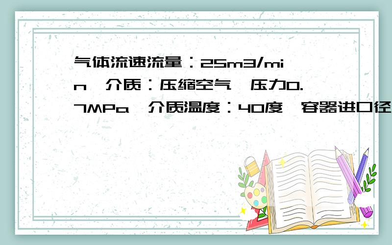 气体流速流量：25m3/min,介质：压缩空气,压力0.7MPa,介质温度：40度,容器进口径：DN80,长度830mm.求气体通过DN80的管径进入长度830mm的筒体,通过的时候流速是多少：流速单位m/s