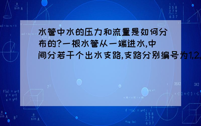 水管中水的压力和流量是如何分布的?一根水管从一端进水,中间分若干个出水支路,支路分别编号为1,2,3,.n 其中靠近进水的编号为1,那么各个编号的水流量和压力一样么,不一样的话是怎么分布