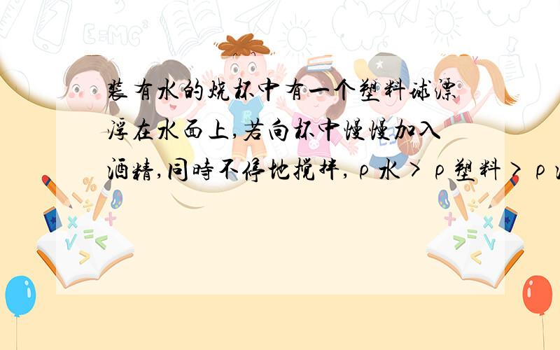 装有水的烧杯中有一个塑料球漂浮在水面上,若向杯中慢慢加入酒精,同时不停地搅拌,ρ水>ρ塑料>ρ酒精,则塑料球可能（ ）A.在液体中下沉一些,所受浮力增大B.沉到液体底部,所受浮力减小C.悬