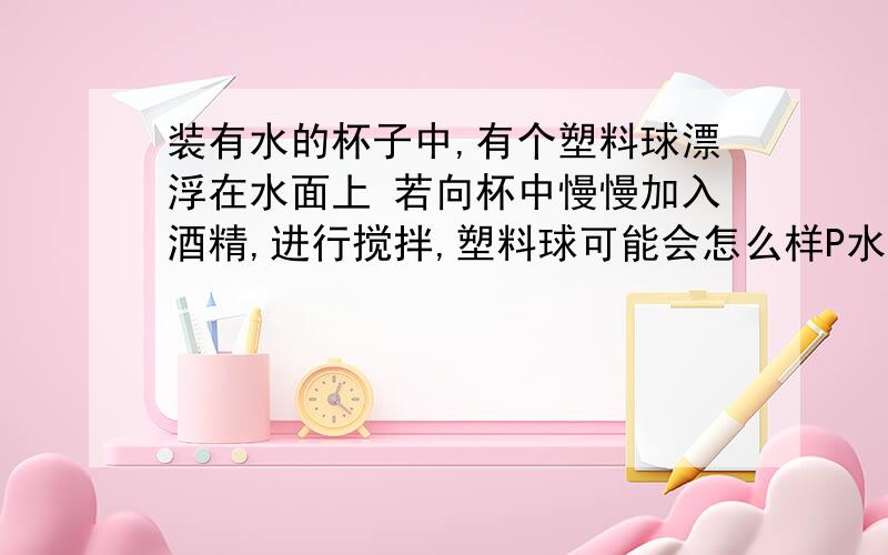 装有水的杯子中,有个塑料球漂浮在水面上 若向杯中慢慢加入酒精,进行搅拌,塑料球可能会怎么样P水＞P塑料＞P酒精 我觉得浮力应该变小吧 但是不确定 混合后的液体和塑料谁的密度大 所以