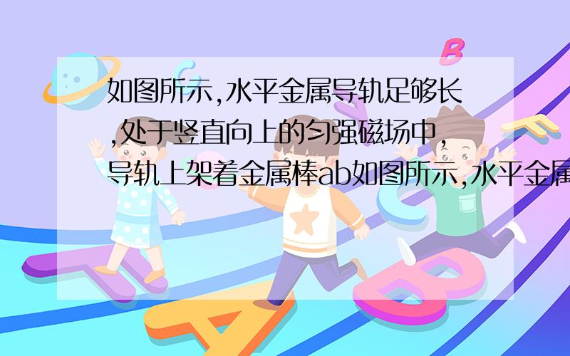 如图所示,水平金属导轨足够长,处于竖直向上的匀强磁场中,导轨上架着金属棒ab如图所示,水平金属导轨足够长,处于竖直向上的匀强磁场中,导轨上架着金属棒ab,现给ab一个水平冲量,ab将运动起