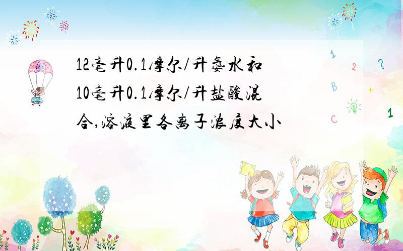 12毫升0.1摩尔/升氨水和10毫升0.1摩尔/升盐酸混合,溶液里各离子浓度大小