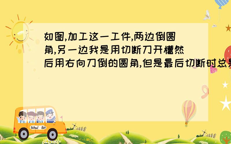 如图,加工这一工件,两边倒圆角,另一边我是用切断刀开槽然后用右向刀倒的圆角,但是最后切断时总是有如图红色那一部分几个丝的小台阶,加上那小台阶就是工件总长度6.就算我开槽时切的是