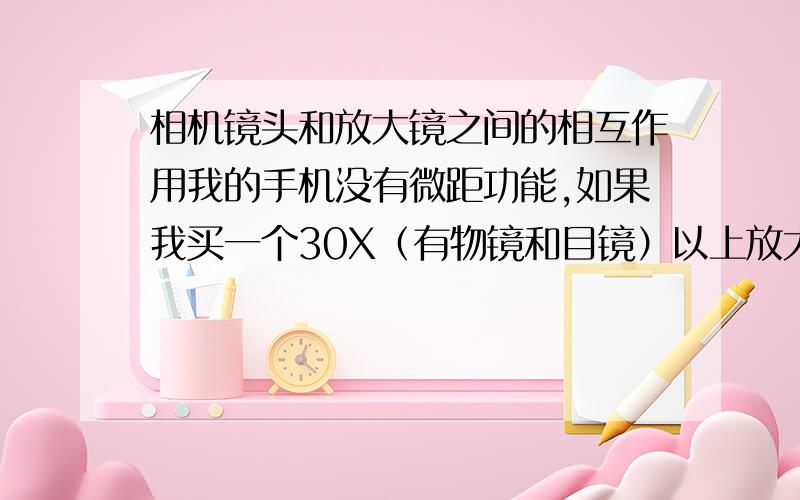 相机镜头和放大镜之间的相互作用我的手机没有微距功能,如果我买一个30X（有物镜和目镜）以上放大镜放在摄像头前是否会有微距功能我的长焦相机前如果加上一个30X或以上放大镜（含物镜