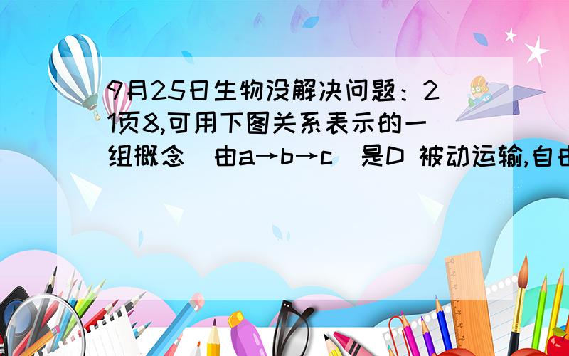 9月25日生物没解决问题：21页8,可用下图关系表示的一组概念（由a→b→c）是D 被动运输,自由扩散,渗透作用 我的问题是,这里D选项的渗透作用是什么?