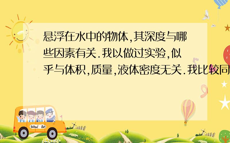 悬浮在水中的物体,其深度与哪些因素有关.我以做过实验,似乎与体积,质量,液体密度无关.我比较同意无论放在水中哪个深度(悬浮的情况下)他都不会改变其自身深度.而如果是直接轻放在水面.