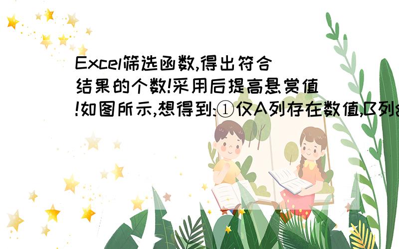 Excel筛选函数,得出符合结果的个数!采用后提高悬赏值!如图所示,想得到:①仅A列存在数值,B列&C列都为0的有多少个?②仅B列存在数值,A列&C列都为0的有多少个?③仅C列存在数值,B列&A列都为0的有