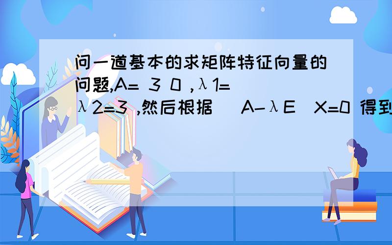 问一道基本的求矩阵特征向量的问题,A= 3 0 ,λ1=λ2=3 ,然后根据 (A-λE)X=0 得到 0 0 * x = 0 0 3 0 0 y 0到这里算不下去了啊?还有，当2个λ相同的时候，得到的2个特征向量也是相同的吗？