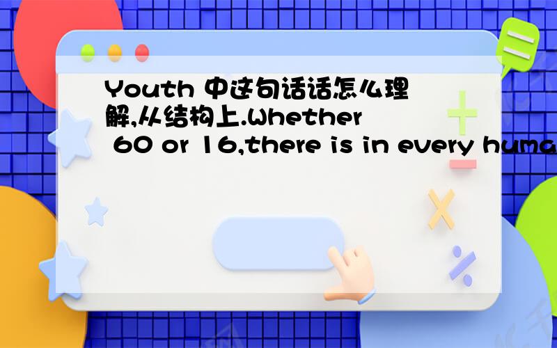 Youth 中这句话话怎么理解,从结构上.Whether 60 or 16,there is in every human being's heart the lure of wonders,the unfailing childlike appetite of what's next and the joy of the game of living.句子成分分析.尤其是appetite of what's