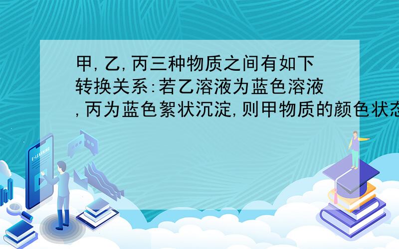 甲,乙,丙三种物质之间有如下转换关系:若乙溶液为蓝色溶液,丙为蓝色絮状沉淀,则甲物质的颜色状态为＿＿＿；写出甲,乙,丙所含金属元素的单质与浓硫酸反应的化学反应方程式：＿＿＿＿＿