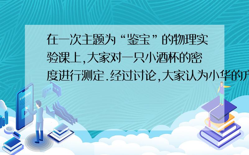 在一次主题为“鉴宝”的物理实验课上,大家对一只小酒杯的密度进行测定.经过讨论,大家认为小华的方法最为简单：先向量筒中注入20ml的水,再将小酒杯口朝上轻轻放进量筒,使之漂浮在水面