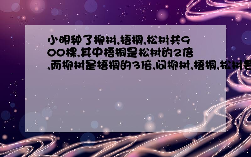 小明种了柳树,梧桐,松树共900棵,其中梧桐是松树的2倍,而柳树是梧桐的3倍,问柳树,梧桐,松树各栽了多少棵?