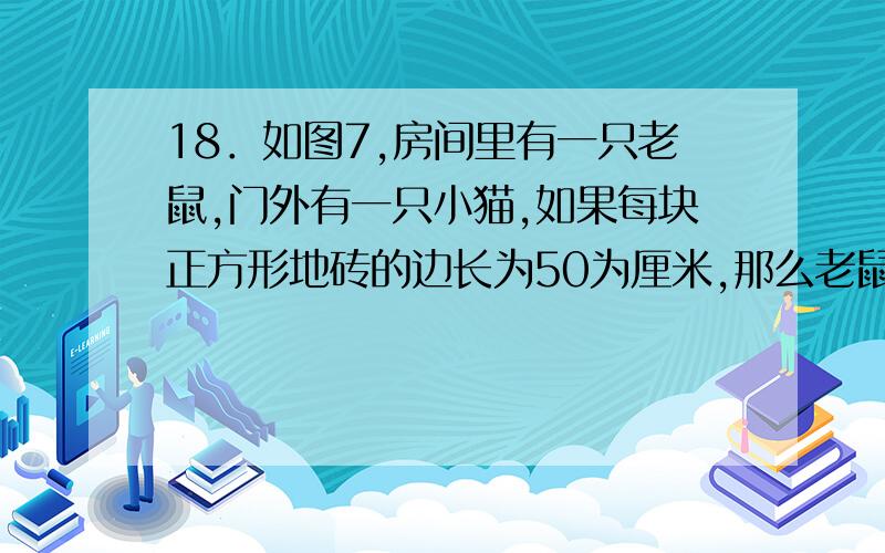 18．如图7,房间里有一只老鼠,门外有一只小猫,如果每块正方形地砖的边长为50为厘米,那么老鼠在地面上能避开小猫 视线的活动范围为_________平方厘米.(将小猫和老鼠分别看作两个点,墙的厚度