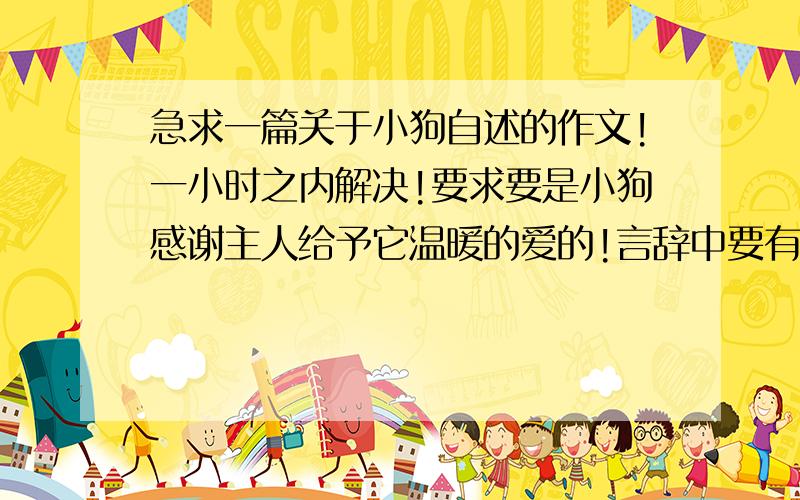 急求一篇关于小狗自述的作文!一小时之内解决!要求要是小狗感谢主人给予它温暖的爱的!言辞中要有小狗感谢主人的话语!外加一个要求：