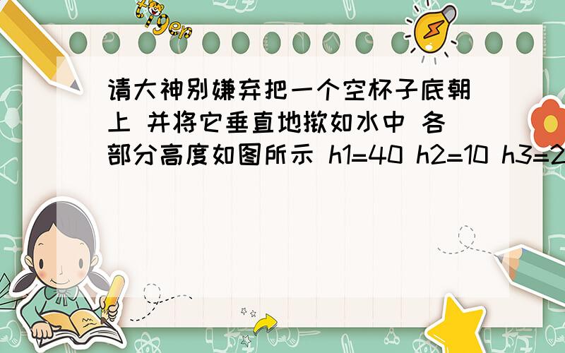 请大神别嫌弃把一个空杯子底朝上 并将它垂直地揿如水中 各部分高度如图所示 h1=40 h2=10 h3=20 水面上为1个标准大气压  求杯内空气压强