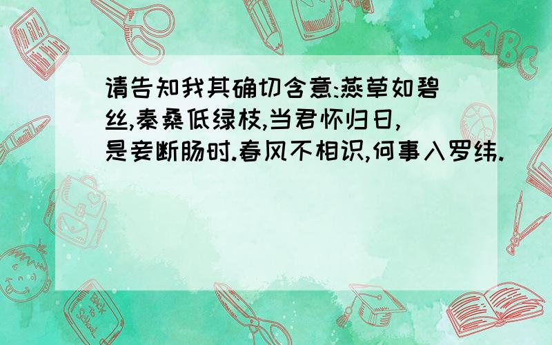 请告知我其确切含意:燕草如碧丝,秦桑低绿枝,当君怀归日,是妾断肠时.春风不相识,何事入罗纬.