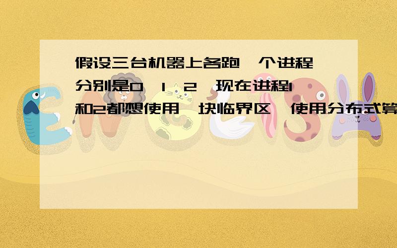 假设三台机器上各跑一个进程,分别是0,1,2,现在进程1和2都想使用一块临界区,使用分布式算法来进行互斥.但是,机器1和2的时间不一致,机器0和机器1的时间一致,机器1比机器2的时间要晚4秒,假设