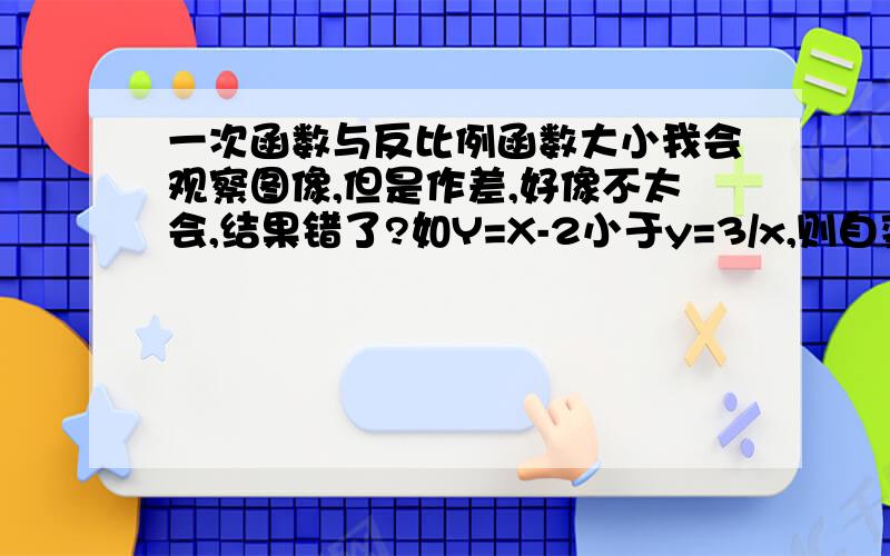 一次函数与反比例函数大小我会观察图像,但是作差,好像不太会,结果错了?如Y=X-2小于y=3/x,则自变量x的取值范围：观察图像我会,知道结果是：x