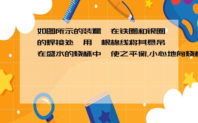 如图所示的装置,在铁圈和银圈的焊接处,用一根棉线将其悬吊在盛水的烧杯中,使之平衡.小心地向烧杯中央滴入CuSO4溶液,片刻后可观察到的现象是A.铁圈和银圈左右摇摆不定B.保持平衡状况C.铁