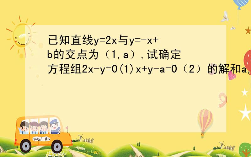 已知直线y=2x与y=-x+b的交点为（1,a）,试确定方程组2x-y=0(1)x+y-a=0（2）的解和a,b的值.