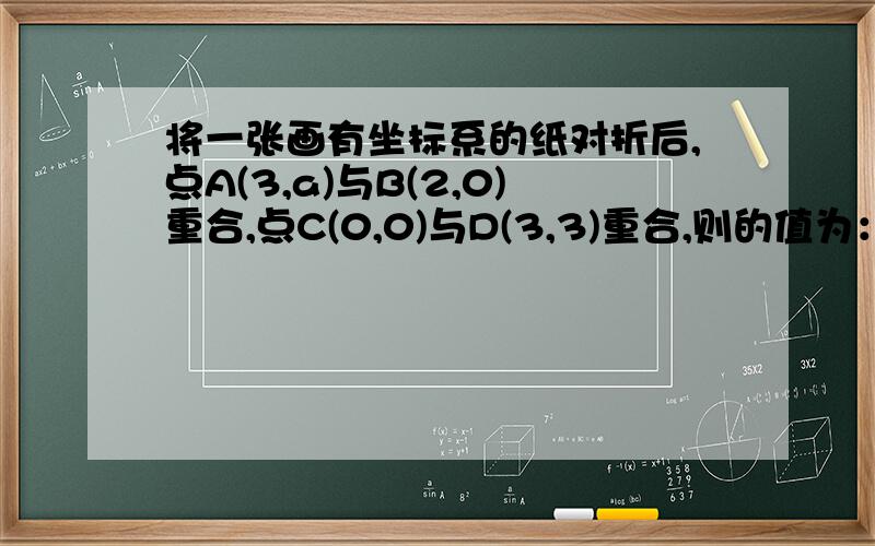 将一张画有坐标系的纸对折后,点A(3,a)与B(2,0)重合,点C(0,0)与D(3,3)重合,则的值为：