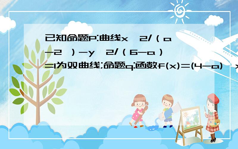 已知命题P:曲线x^2/（a-2 ）-y^2/（6-a）=1为双曲线;命题q:函数f(x)=(4-a)^x在R上是增函数,若命题p或q为真,p且q为假,求实数a的取值范围?