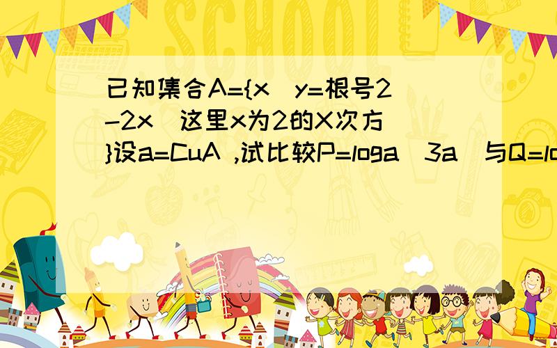 已知集合A={x|y=根号2-2x（这里x为2的X次方）}设a=CuA ,试比较P=loga（3a）与Q=loga5的大小