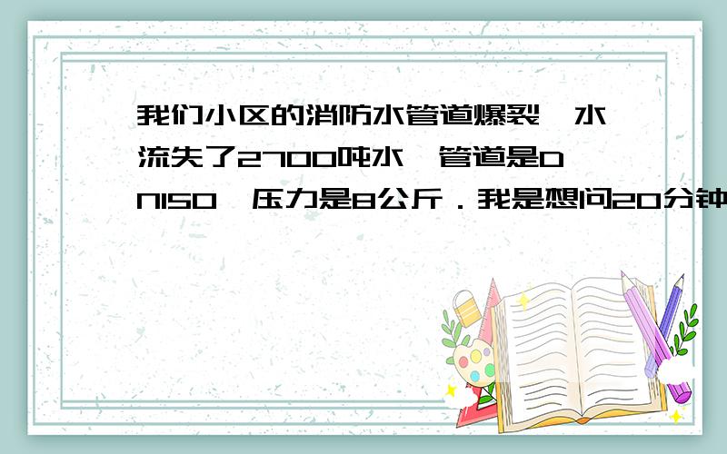 我们小区的消防水管道爆裂,水流失了2700吨水,管道是DN150,压力是8公斤．我是想问20分钟流2700多吨水,我有点不想信,是不是水表有问题.