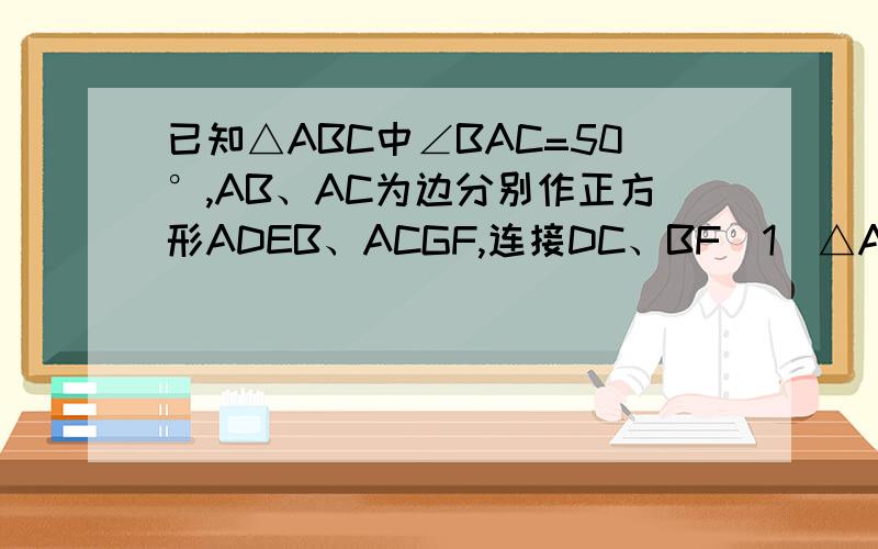 已知△ABC中∠BAC=50°,AB、AC为边分别作正方形ADEB、ACGF,连接DC、BF（1）△ADC绕着（）点逆时针旋转（）度可以得到△（）（2）试说出CD与BF的关系,并说明理由.