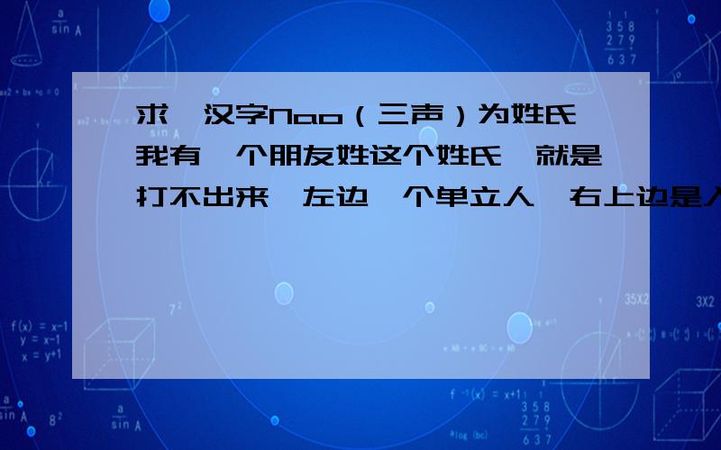 求一汉字Nao（三声）为姓氏我有一个朋友姓这个姓氏,就是打不出来,左边一个单立人,右上边是入,下面是山.