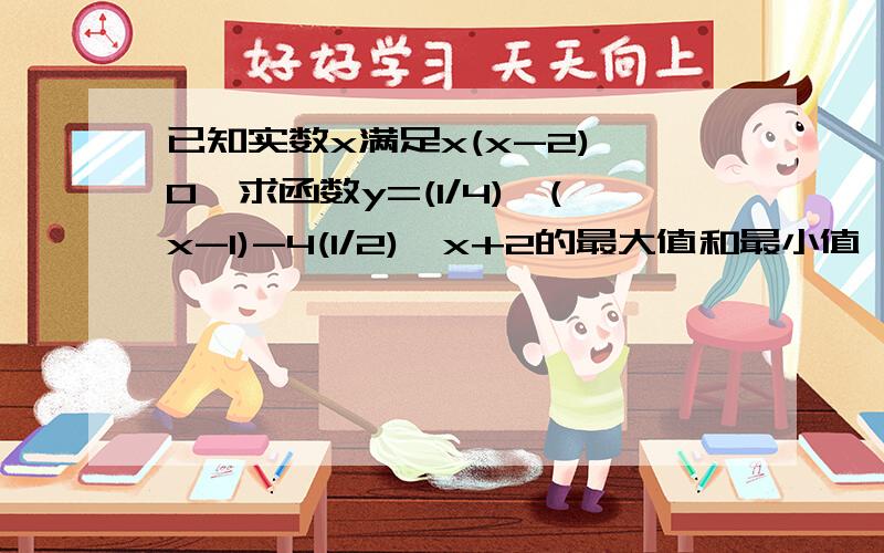 已知实数x满足x(x-2)≤0,求函数y=(1/4)^(x-1)-4(1/2)^x+2的最大值和最小值