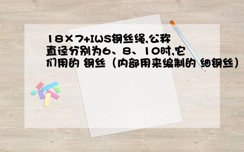 18×7+IWS钢丝绳,公称直径分别为6、8、10时,它们用的 钢丝（内部用来编制的 细钢丝）直径是多少啊?