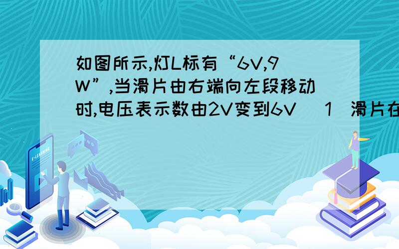 如图所示,灯L标有“6V,9W”,当滑片由右端向左段移动时,电压表示数由2V变到6V （1）滑片在右端时灯的功率（1）滑片在右端时灯的功率（2）滑动变阻器的最大阻值