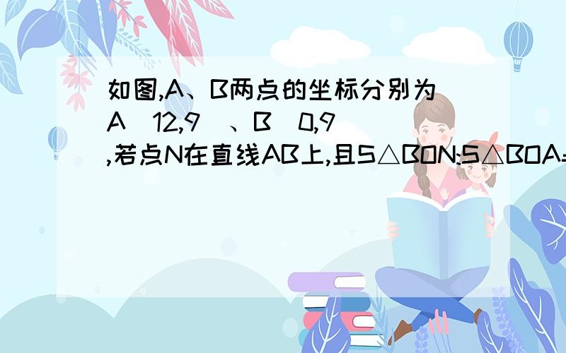 如图,A、B两点的坐标分别为A(12,9)、B(0,9),若点N在直线AB上,且S△BON:S△BOA=1:3,求直线ON的解析式.没有图,自己画吧