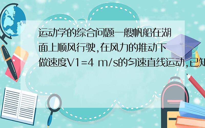 运动学的综合问题一艘帆船在湖面上顺风行驶,在风力的推动下做速度V1=4 m/s的匀速直线运动,已知：该帆船在匀速行驶的状态下突然失去风的动力,帆船在湖面上做匀速直线运动,经过8秒钟才能