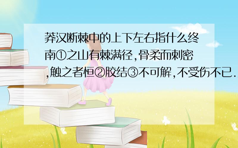 莽汉断棘中的上下左右指什么终南①之山有棘满径,骨柔而刺密,触之者恒②胶结③不可解,不受伤不已.人畏其刺,咸迂其途避之.一壮汉义形于色,曰：“汝辈怯,是有何惧!”,遂持刀而入,欲节节