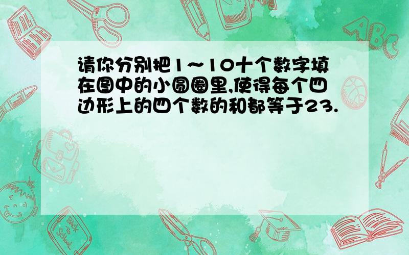 请你分别把1～10十个数字填在图中的小圆圈里,使得每个四边形上的四个数的和都等于23.