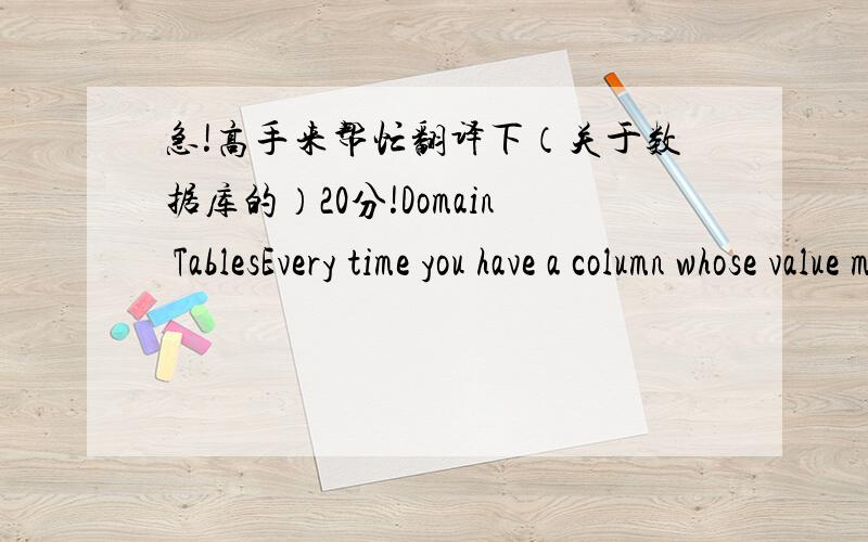 急!高手来帮忙翻译下（关于数据库的）20分!Domain TablesEvery time you have a column whose value most come from a known set of values you have a 