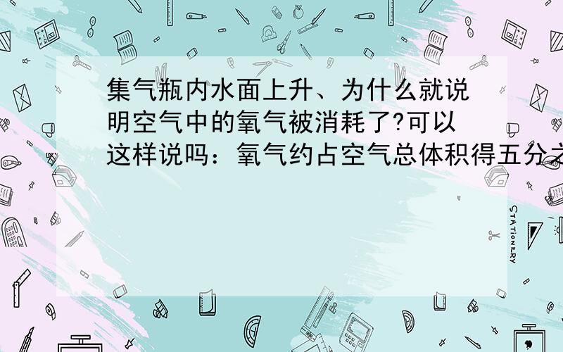 集气瓶内水面上升、为什么就说明空气中的氧气被消耗了?可以这样说吗：氧气约占空气总体积得五分之一、氧气和红磷在燃烧时会生成五氧化二磷、导致瓶内气压变小、外界气压就会把外界