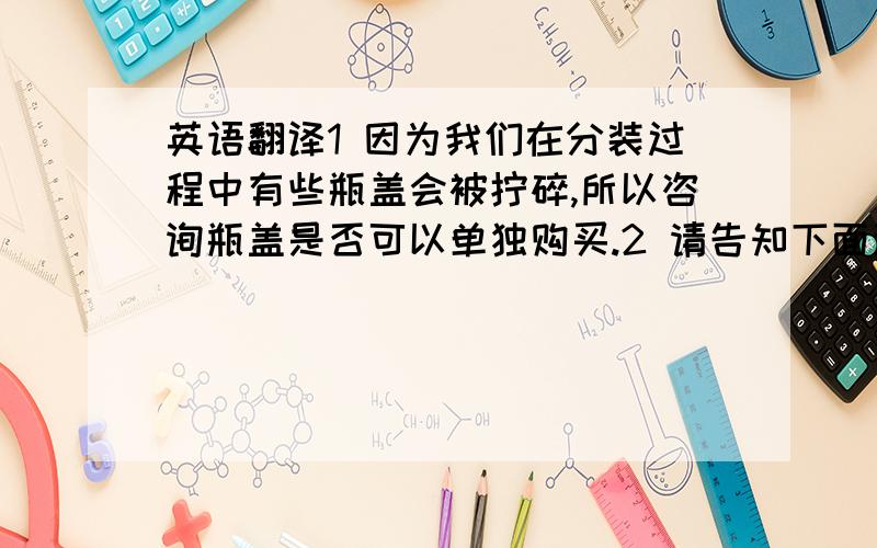 英语翻译1 因为我们在分装过程中有些瓶盖会被拧碎,所以咨询瓶盖是否可以单独购买.2 请告知下面这两种瓶子所配瓶盖的货号及包装规格是什么?有无最小起订量?单价是否一样都是0.44/个?