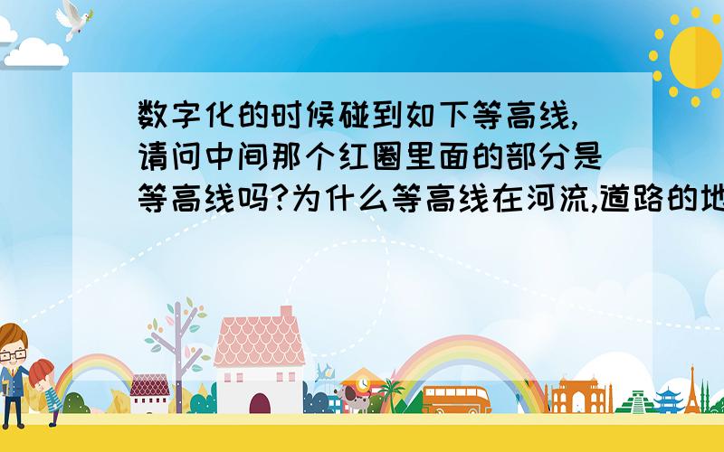 数字化的时候碰到如下等高线,请问中间那个红圈里面的部分是等高线吗?为什么等高线在河流,道路的地方可以中断呢?