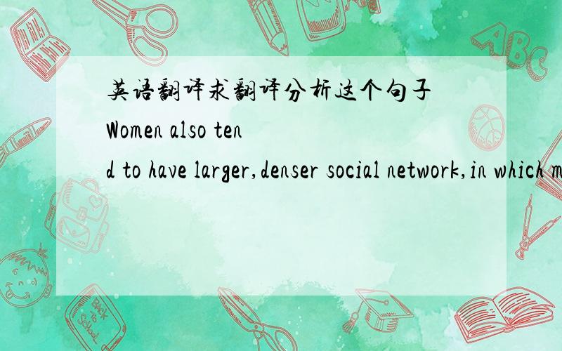 英语翻译求翻译分析这个句子 Women also tend to have larger,denser social network,in which more people know each other and helpeach other,while men typically have smaller groups of friends and will rely on their wives or other important pe