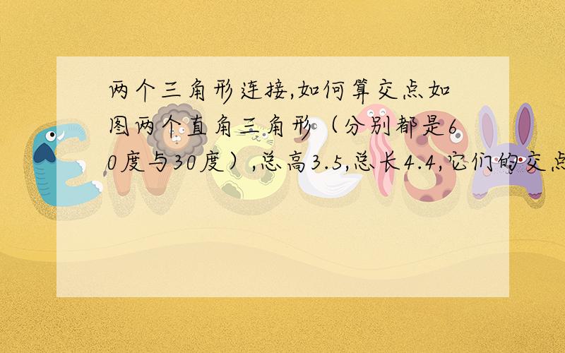 两个三角形连接,如何算交点如图两个直角三角形（分别都是60度与30度）,总高3.5,总长4.4,它们的交点怎样算?